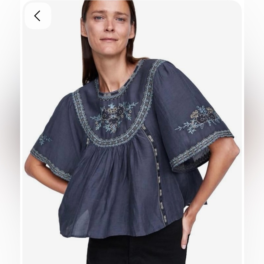 Zara Embroidered Navy Blouse
